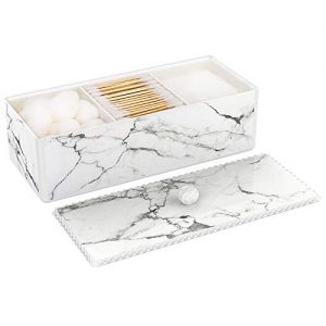 Luxspire Cotton Swab Holder with Lid, Marble Pattern Cotton Ball Dispenser Case, Makeup Canister Jar for Cotton Pads Bud, Storage Box Cosmetics Countertop Organizer Containers with 3 Compartments