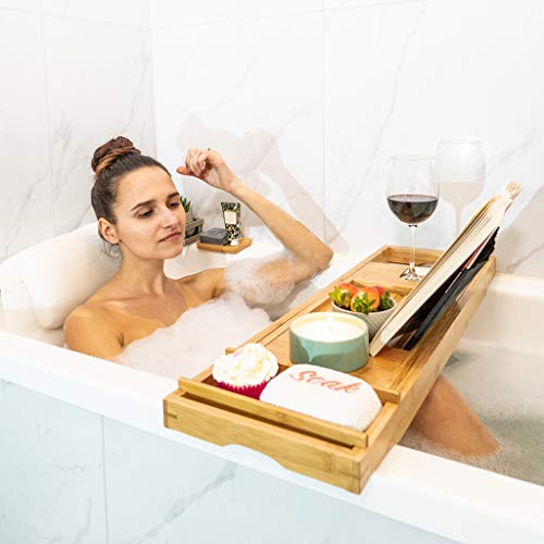 Bath Caddy Tray for Tub: Bamboo Bathtub Tray Caddy Expandable Bathtub Caddy Tray for Tub: Bamboo Bathtub Tray Caddy Expandable with Wine Glass Holder and Guide Stand. Luxurious Bubble Bathtub Equipment &amp; Spa Decor. Self Care Items for Girls, Birthday Present for Mother..