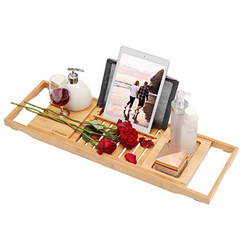 LANGRIA Bamboo Bathtub Caddy Tray with Extending Sides, Adjustable Book or Tablet Holder, Cellphone Tray Organizer and Wine Glass Holder, Nature Bamboo Color