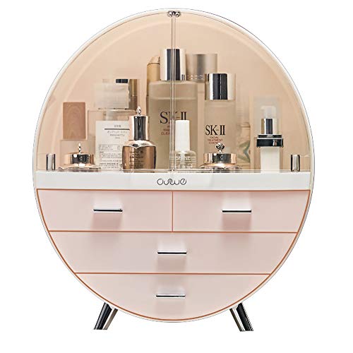 Makeup Storage Organizer Box，Cosmetics storage display rack with drawer，Waterproof, dustproof, elegant display cabinet，Suitable for bathroom countertop, bedroom dresser (Large Pink)