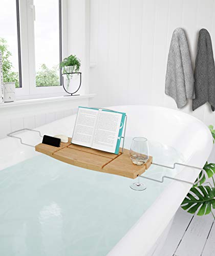 Umbra Aquala Bathtub Tray Extendable, Bamboo Luxury Bath Caddy Umbra Aquala Bathtub Tray Extendable, Bamboo Luxurious Tub Caddy, 71.1 x 21.6 x 3.8 cm, Pure
