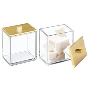 mDesign Modern Square Bathroom Vanity Countertop Storage Organizer Canister Jar for Cotton Swabs, Rounds, Balls, Makeup Sponges, Bath Salts - 2 Pack - Clear/Gold