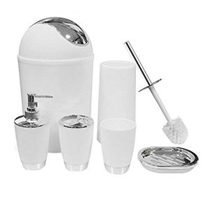 SOELAND 6 Pieces Bathroom Accessories Set Plastic Luxury Bath Vanity Countertop Accessories Sets, Toothbrush Holder,Toothbrush Cup,Soap Dispenser,Soap Dish,Toilet Brush Holder,Trash Can (White)