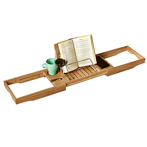 WELLAND Natural Bamboo Bathtub Tray Caddy with Adjustable Extending Sides, Expandable Tray with Cellphone Tray, Cup & Wine Glass Holder for Reading Book