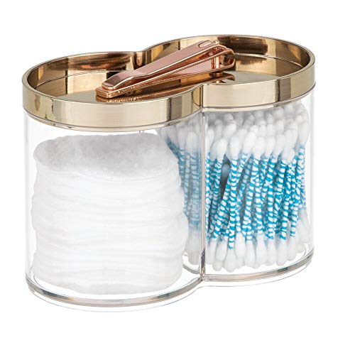 mDesign Plastic Bathroom Vanity Countertop Canister Jar with Storage Lid - Stackable - Divided, Double Compartment Organizer for Cotton Balls, Swabs, Makeup Blenders, Bath Salts - Clear/Soft Brass