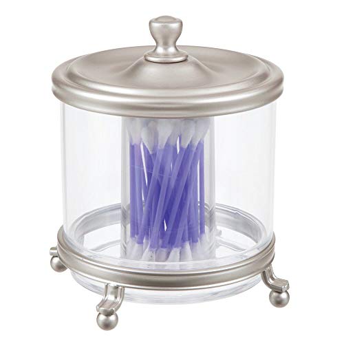 mDesign Round Bathroom Vanity Countertop Divided Storage Canister mDesign Spherical Lavatory Self-importance Countertop Divided Storage Canister Plastic Jar with Steel Lid for Cotton Swabs, Rounds, Balls, Make-up Sponges, Blenders, Tub Salts - Clear/Satin