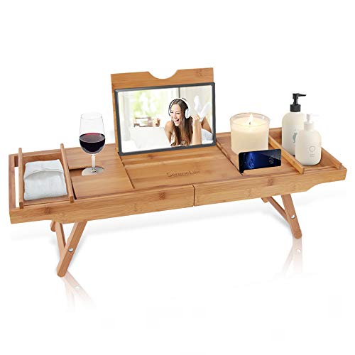 SereneLife Bath Caddy Breakfast Tray Combo - Natural Bamboo Wood Waterproof Bath Tub Caddy and Bed Tray with Folding Slide-Out Arms, Device Grooves, Wine Glass and Soap Holder SLBCAD50