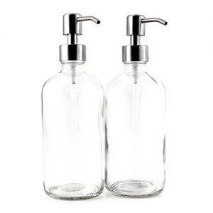 Cornucopia Brands 16-Ounce Clear Glass Boston Round Bottles w/Stainless Steel Pumps (2 Pack), Soap Dispenser Great for Essential Oils, Lotions, Liquid Soaps