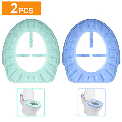 AmnoAmno Silicone Toilet Lid Seat Cover Pad,2 Packs Washable Portable Reusable Toilet Seat Cushion,Easy Installation & Cleaning,Waterproof and Non Slip for Home Use and Traveling(Blue & Green)