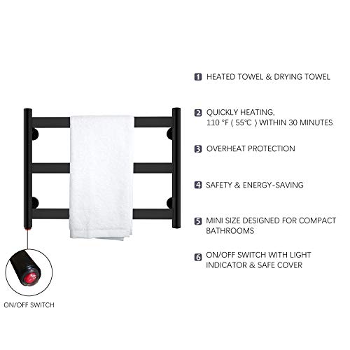 Daily Routine with the Stylish Matt Black Towel Warmer Upgrade your bathroom with the sleek and modern design of this matt black towel warmer. Its minimalist aesthetic adds a touch of sophistication to any bathroom decor. Not only is it functional, but it also enhances the overall ambiance of your space. Premium Stainless Steel: Crafted from high-quality 304 stainless steel, this towel warmer is built to last. It's not only durable but also easy to clean, making maintenance a breeze. Say goodbye to worries about rust and corrosion; this towel warmer is designed for long-term use. Efficient Heating: Enjoy the comfort of warm towels every day. The three flat crossbars provide ample space for multiple towels to be evenly heated. No more shivering after a relaxing bath or shower—wrap yourself in a warm, cozy towel that enhances your post-bathing experience. Quick and Convenient: Say goodbye to damp and musty towels. This wall-mounted plug-in towel warmer ensures that your towels dry quickly and stay fresh between uses. No more hassle of constantly washing and replacing towels due to moisture buildup. Flexible Installation: Installing this towel warmer is a breeze. It can be easily wall-mounted to save space in your bathroom. The plug-in design means there's no need for complex electrical work. It's a practical addition for both small and spacious bathrooms. Upgrade your daily routine and bathroom decor with the Stylish Matt Black Towel Warmer. Enjoy the luxury of warm towels, efficient heating, and a clutter-free bathroom. With its premium stainless steel construction and versatile design, this towel warmer is a practical and stylish addition to your home.