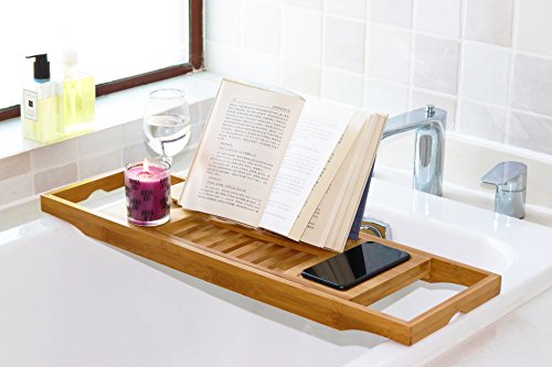 DOZYANT Bamboo Bathtub Tray Caddy Wooden Bath Tray Table DOZYANT Bamboo Bathtub Tray Caddy Picket Bathtub Tray Desk with Extending Sides, Studying Rack, Pill Holder, Cellphone Tray and Wine Glass Holder.