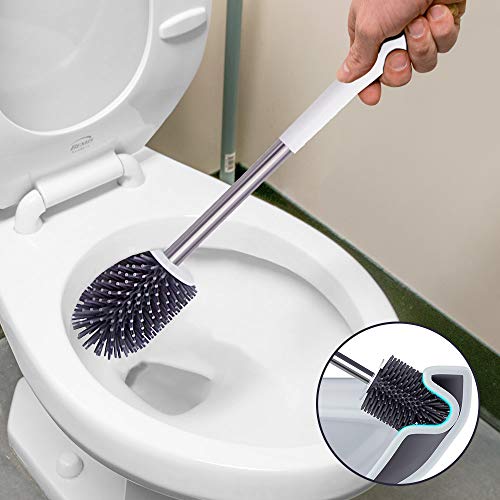 BOOMJOY Toilet Brush and Holder Set, Silicone Bristles Bathroom Cleaning BOOMJOY Bathroom Brush and Holder Set, Silicone Bristles Lavatory Cleansing Bowl Brush Package with Tweezers - White