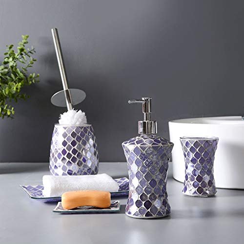 shiyacraft Mosaic Bathroom Accessories Set 5 Piece shiyacraft Mosaic Rest room Equipment Set 5 Piece with Lotion/Cleaning soap Pump, Toothbrush Holder, Bathroom Brush with Holder, Cleaning soap Dish and Towel Tray.