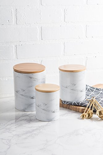 DII 3-Piece Modern Ceramic Kitchen Canister DII CAMZ38970 3-Piece Fashionable Ceramic Kitchen Canister with Hermetic Bamboo Lid for Meals Storage, (Assorted Sizes: 4.5x4.5x5.5, 4x4x4.5”, 3x3x4”), White Marble.