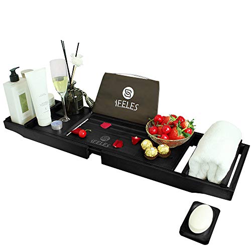 IFELES Luxury Bathtub Caddy Tray, One or Two Person Bath and Bed Tray, Bonus Free Soap Holder (Black Bamboo Color)
