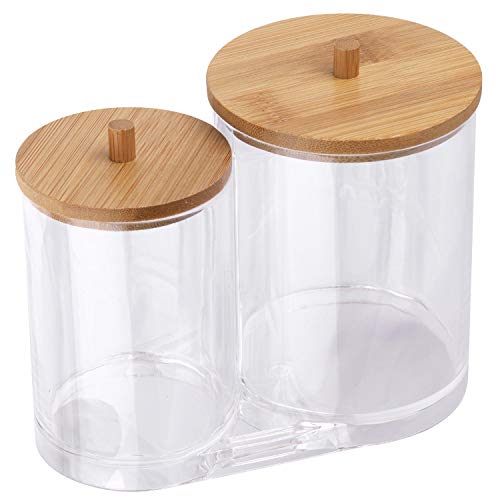 Tbestmax Cotton Swab Pads Holder, Cotton Buds Qtip Dispenser, Bathroom Jar Clear Organizer for Storage with Wood Lid