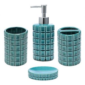 JOTOM Ceramic Bath Accessory Set,Luxury Bathroom Accessories Set - 4 Pieces with Decorative Hand Sanitizer Bottle,Toothbrush Cup,Toothbrush Holder,Soap Dish (Dark Green Square Lattice)