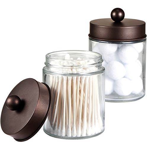 Apothecary Jars Bathroom Storage Organizer - Cute Qtip Dispenser Holder Vanity Canister Jar Glass with Lid for Cotton Swabs,Rounds,Bath Salts,Makeup Sponges,Hair Accessories/Bronze (2 Pack)