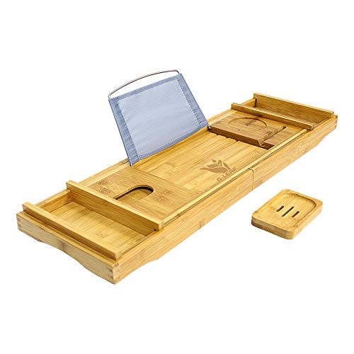 G-LEAF Bamboo Bathtub Tray Caddy with Wine Glass Holder/Adjustable Reading Rack,Free Soap Holder