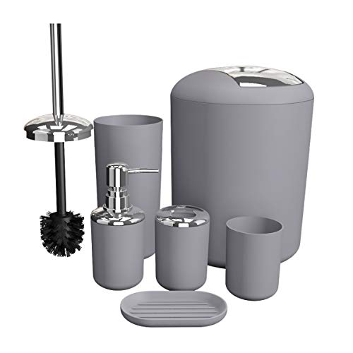 TEKITSFUN Grey Bathroom Accessories Set, 6 Pieces Plastic Gift Bath Accessory Sets Luxury Ensemble Includes Toothbrush Holder,Toothbrush Cup,Soap Dispenser,Soap Dish,Toilet Brush Holder,Trash Can