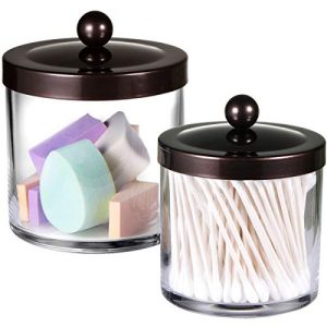Premium Quality Plastic Apothecary Jars - Qtip Holder Bathroom Vanity Countertop Storage Organizer Canister Clear Acrylic for Cotton Swabs,Rounds, Balls,Makeup Sponges,Bath Salts / 2 Pack (Bronze)