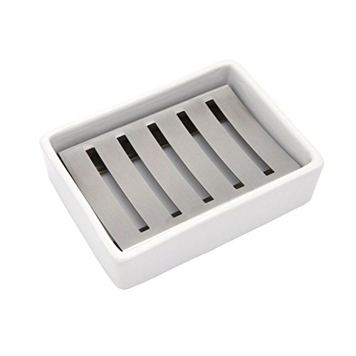 Lofekea Ceramic Soap Dish Stainless Steel Soap Holder for Bathroom and Shower Double Layer Draining Soap Box