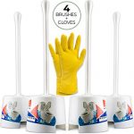 4 Pack toilet bowl brush set with holder - portable self standing basic white set with flexible handle & soft nylon bristles; Discreet and slim - Fits well - Eco friendly with free cleaning gloves