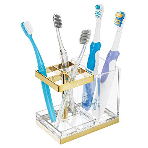 mDesign Decorative Plastic Bathroom Toothbrush and Toothpaste mDesign Ornamental Plastic Toilet Toothbrush and Toothpaste Stand Holder - Dental Organizer with 5 Storage Compartments for Toilet Self-importance Counter tops and Drugs Cupboard - Clear/Tender Brass.