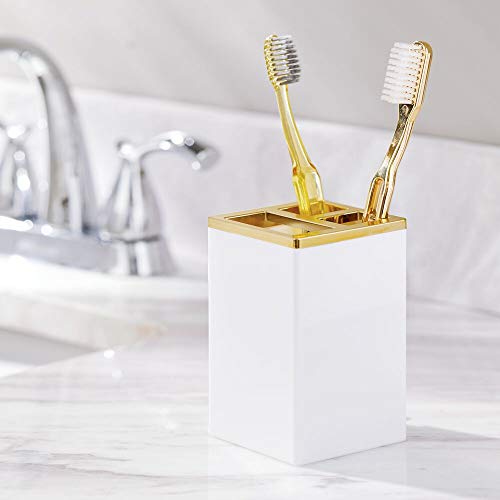mDesign Decorative Plastic Bathroom Toothbrush and Toothpaste Stand Holder mDesign Ornamental Plastic Lavatory Toothbrush and Toothpaste Stand Holder - Dental Organizer with 3 Storage Compartments for Lavatory Vainness Counter tops and Drugs Cupboard - White/Tender Brass.