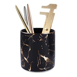 Zodaca Pen Holder, Ceramic Marble Pencil Cup Desk Organizer Makeup Brushes Holder with Gold Accent, Black Golden