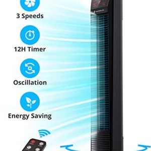 Tower Fan, TaoTronics Oscillating Fan Powerful Floor Fan with Remote & Large LED Display, 9 Modes, Easy Clean, Up to12H Timer Bladeless Standing Fan Portable for the Whole Room Home Office