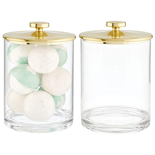 mDesign Modern Plastic Round Bathroom Vanity Countertop Storage Organizer Apothecary Canister Jar for Cotton Swabs, Rounds, Balls, Makeup Sponges, Bath Salts, 2 Pack - Clear/Soft Brass