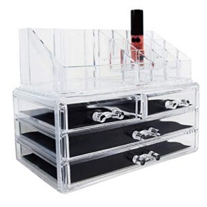 Ikee Design Jewelry Makeup Cosmetic Storage Organizer Two Pieces Set - Organize Cosmetics, Jewelry, Hair Accessories, Bathroom Counter or Dresser, Clear Design for Easy Visibility