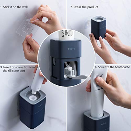 Toothpaste Dispenser, 2020 Upgraded Version Toothpaste Squeezer Toothpaste Dispenser, 2020 Upgraded Model Toothpaste Squeezer with Toothpaste Holder, Dustproof Wall Mounted Hand Free Computerized Toothpaste Dispenser for Famliy Washroom Lavatory (Blue).