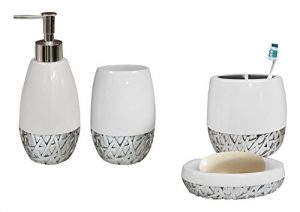 nu steel Bali Bathroom Accessories Set, 4 Piece Luxury Ensemble Includes Dish, Toothbrush Holder, Tumbler, soap and Lotion Pump, Resin, White/Chrome