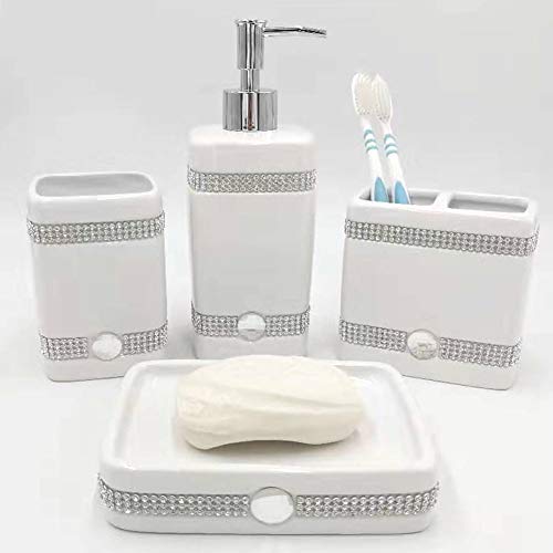 CAA'S Bathroom Accessories Set Ceramic 4 Pieces Bathroom Ensemble for Bath Decor Includes Lotion Dispenser Toothbrush Holder Tumbler Soap Dish (White Inlaid Zircon)