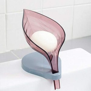 Soap Bar Holder Leaf Shape, Soap Dish with Draining Tray, Decorative Plastic Soap Saver, Soap Box with Suction Cup for Shower Bathroom Kitchen (Not Punched) (Light Red)