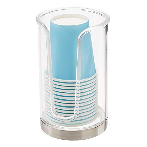 mDesign Modern Plastic Compact Small Disposable Paper Cup Dispenser - Storage Holder for Rinsing Cups on Bathroom Vanity Countertops - Clear/Brushed