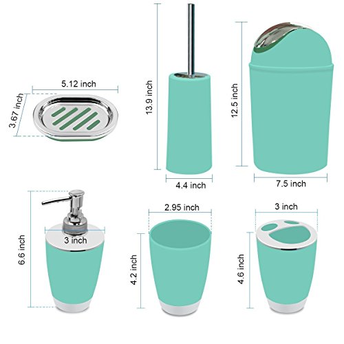 SOELAND 6 PiecesBathroom Accessories Set SOELAND 6 PiecesBathroom Equipment Set Plastic Luxurious Tub Self-importance Countertop Equipment Units, Toothbrush Holder,Toothbrush Cup,Cleaning soap Dispenser,Cleaning soap Dish,Bathroom Brush Holder,Trash Can (Mint Inexperienced).