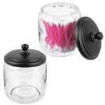 mDesign Bathroom Vanity Glass Storage Organizer Canister Apothecary Jars for Cotton Swabs, Rounds, Balls, Makeup Sponges, Blenders, Bath Salts - 2 Pack - Clear/Matte Black