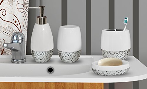 nu steel Bali Bathroom Accessories Set, 4 Piece Luxury Ensemble Includes Dish nu metal Bali Rest room Equipment Set, 4 Piece Luxurious Ensemble Contains Dish, Toothbrush Holder, Tumbler, cleaning soap and Lotion Pump, Resin, White/Chrome.