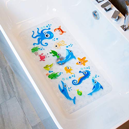 BeeHomee Bath Mats for Tub Kids - Large Cartoon Non-Slip Bathroom Bathtub Kid Mat for Baby Toddler Anti-Slip Shower Mats for Floor 35x16,Machine Washable XL Size Bathroom Mats (Blue-Octopus)