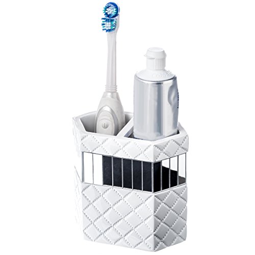 Creative Scents Quilted Mirror Bathroom Accessories Set Inventive Scents Quilted Mirror Toilet Equipment Set, 4-Piece, Contains Cleaning soap Dispenser, Toothbrush Holder, Tumbler &amp; Cleaning soap Dish, Reward Package deal, Completed in White and Silver Mirrored Accents.