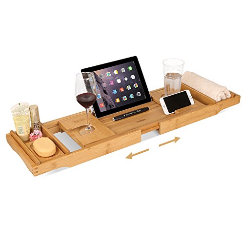 HOMFA Bamboo Bathtub Tray Bath Table Adjustable Caddy Tray with Extending Sides, Cellphone Tray and Wineglass Holder