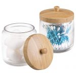 mDesign Glass Bathroom Vanity Storage Organizer Canister Jar for Cotton Balls, Swabs, Beauty Blenders, Makeup Sponges, Bath Salts, Hair Ties, Jewelry, 2 Pack - Clear Jar/Natural Bamboo Wood Lid