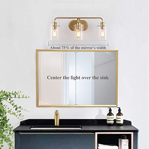 KSANA Gold Vanity Light 3 Modern Bathroom Fixture KSANA Gold Self-importance Mild three Trendy Toilet Fixture with Seeded Glass Shade.