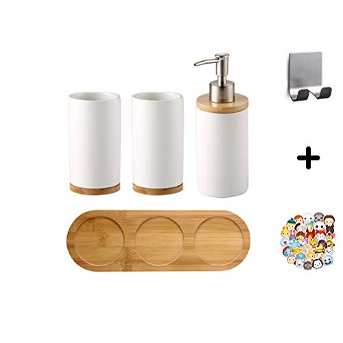 Moseason 4 Piece Ceramic Bathroom Accessories Set ，Includes: Soap Dispenser Pump, Toothbrush Holder, Tumbler and Wooden Tray. Version 2.0