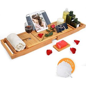 Domax Bathtub Caddy Tray Expandable Bamboo Tub Tray for Luxury Bath with Book Holder and Free Soap Dish