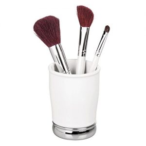 InterDesign York Ceramic and Metal Tumbler, Makeup Brush Toothbrush Holder Cup for Bathroom, Countertop, Desk, Dorm, College, and Vanity, 3.25" diameter x 4.25", White and Chrome