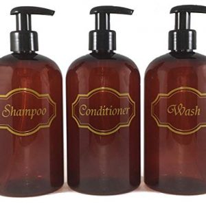 Bottiful Home-16 oz Amber Shampoo, Conditioner, Wash Shower Soap Dispensers-3 Refillable Empty PET Plastic Pump Bottle Shower Containers-Printed Design-Waterproof, Rust-Free, Clog-Free, Drip-Free